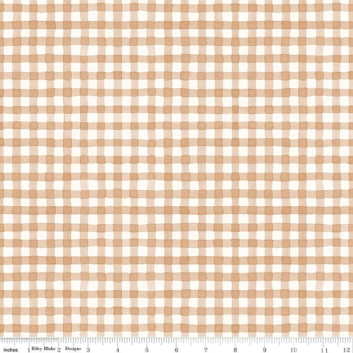 Image of Sunflower Whispers Gingham Blush quilting cotton fabric by Lisa Audit for Riley Blake Designs. Features gingham on a pink background. Cute Little Fabric Shop