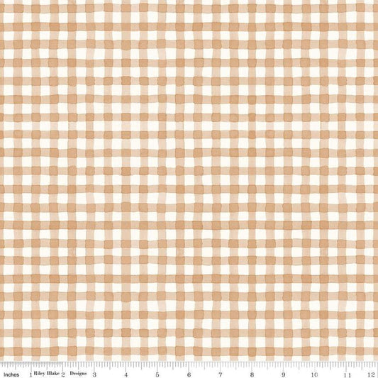 Image of Sunflower Whispers Gingham Blush quilting cotton fabric by Lisa Audit for Riley Blake Designs. Features gingham on a pink background. Cute Little Fabric Shop