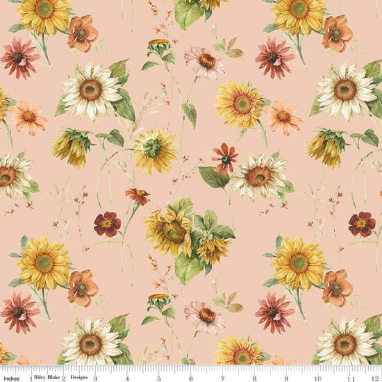 Image of Sunflower Whispers Sunflowers Blush quilting cotton fabric by Lisa Audit for Riley Blake Designs. Features flowers on a pink background. Cute Little Fabric Shop
