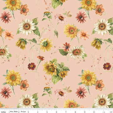 Image of Sunflower Whispers Sunflowers Blush quilting cotton fabric by Lisa Audit for Riley Blake Designs. Features flowers on a pink background. Cute Little Fabric Shop