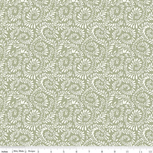 Image of Sunflower Whispers Ferns Green quilting cotton fabric by Lisa Audit for Riley Blake Designs. Features leaves on a green background. Cute Little Fabric Shop