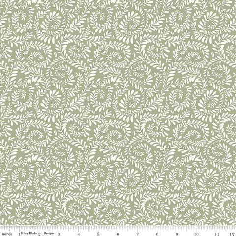 Image of Sunflower Whispers Ferns Green quilting cotton fabric by Lisa Audit for Riley Blake Designs. Features leaves on a green background. Cute Little Fabric Shop