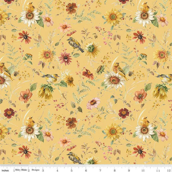 Image of Sunflower Whispers Prairie Yellow quilting cotton fabric by Lisa Audit for Riley Blake Designs. Features flowers on a yellow background. Cute Little Fabric Shop