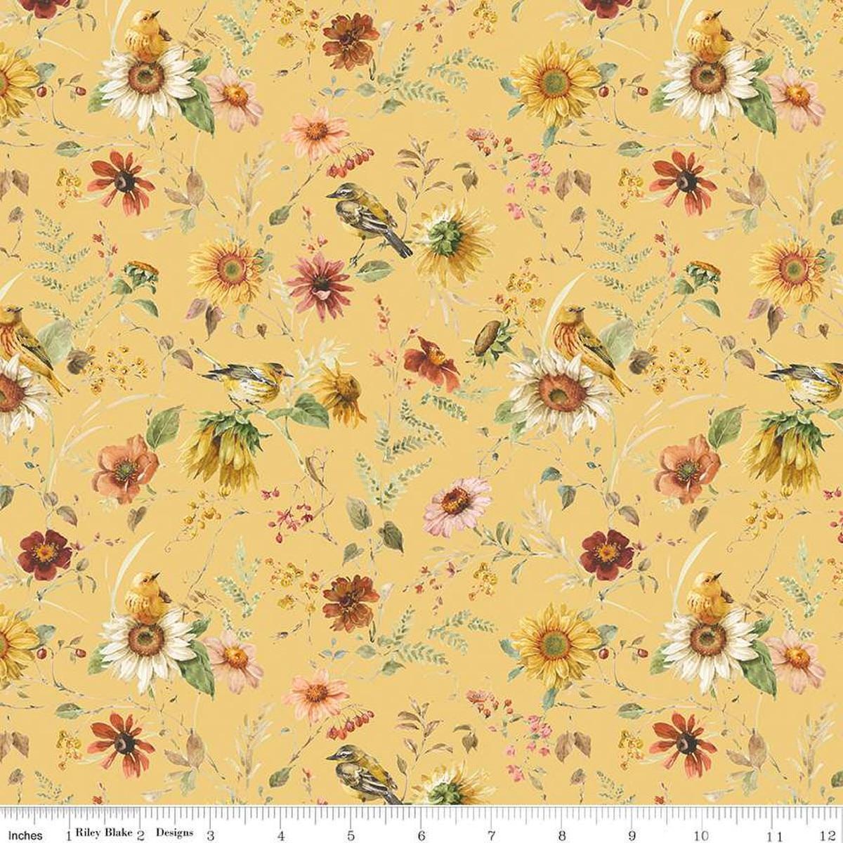 Image of Sunflower Whispers Prairie Yellow quilting cotton fabric by Lisa Audit for Riley Blake Designs. Features flowers on a yellow background. Cute Little Fabric Shop