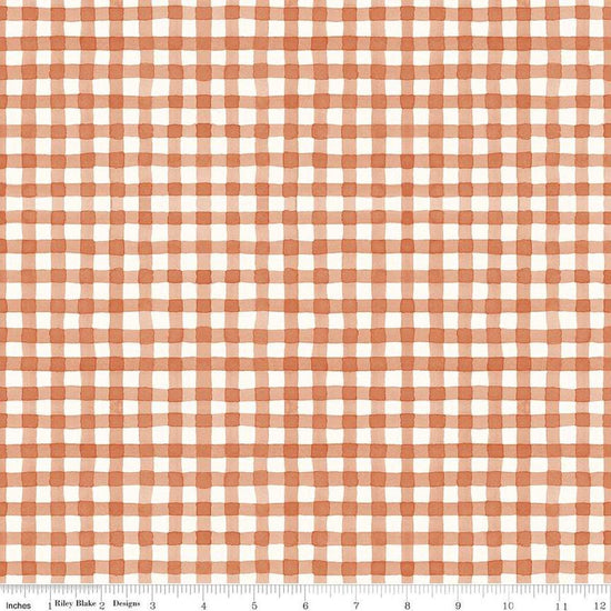 Image of Sunflower Whispers Gingham Pumpkin quilting cotton fabric by Lisa Audit for Riley Blake Designs. Features gingham on an orange background. Cute Little Fabric Shop