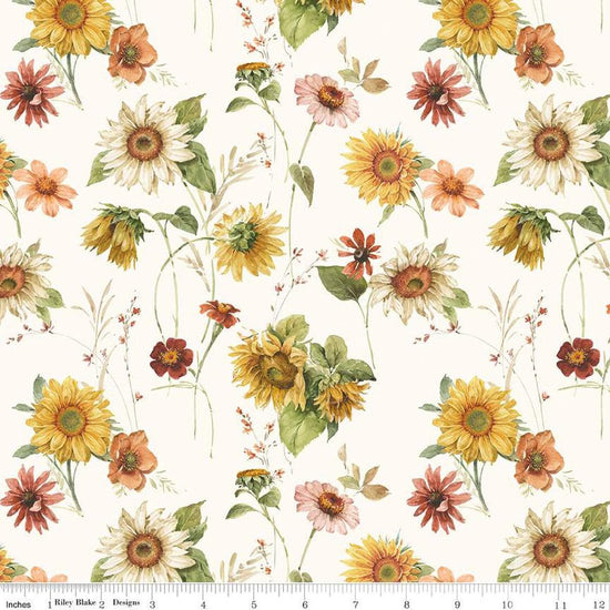 Image of Sunflower Whispers Sunflowers Cream quilting cotton fabric by Lisa Audit for Riley Blake Designs. Features flowers on a white background. Cute Little Fabric Shop