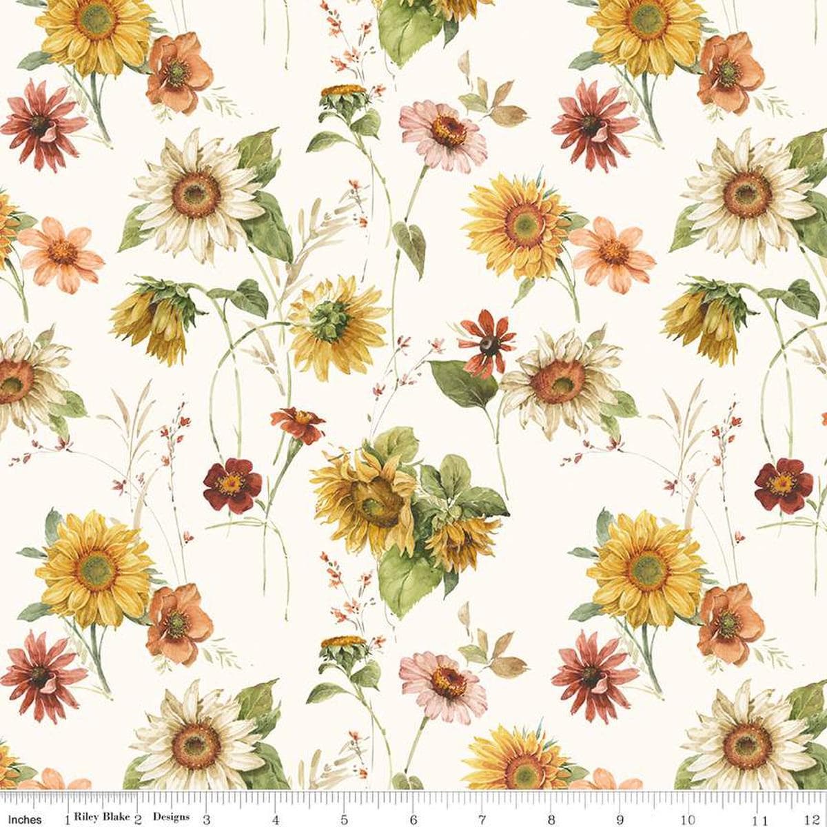 Image of Sunflower Whispers Sunflowers Cream quilting cotton fabric by Lisa Audit for Riley Blake Designs. Features flowers on a white background. Cute Little Fabric Shop