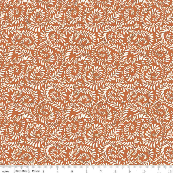 Image of Sunflower Whispers Ferns Pumpkin quilting cotton fabric by Lisa Audit for Riley Blake Designs. Features leaves on an orange background. Cute Little Fabric Shop