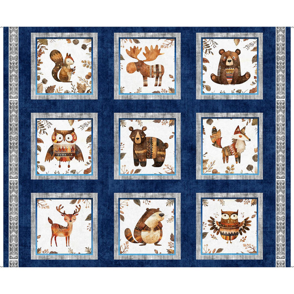Bearsville Animal Picture Patches Panel 31258 Navy N - QT Fabrics - Outdoors Wildlife Nature Animals  - Quilting Cotton Fabric