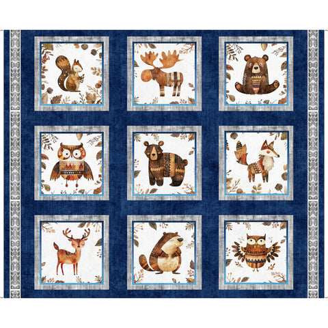 Bearsville Animal Picture Patches Panel 31258 Navy N - QT Fabrics - Outdoors Wildlife Nature Animals  - Quilting Cotton Fabric