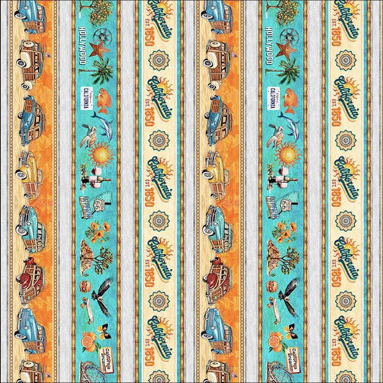 Image of the California Dreaming Border Stripe Multi quilting cotton fabric by QT Fabrics. Features stripes on a cream background. Cute Little Fabric Shop