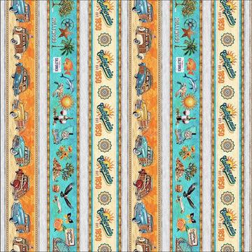 Image of the California Dreaming Border Stripe Multi quilting cotton fabric by QT Fabrics. Features stripes on a cream background. Cute Little Fabric Shop