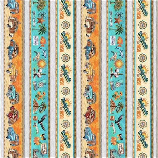 Image of the California Dreaming Border Stripe Multi quilting cotton fabric by QT Fabrics. Features stripes on a cream background. Cute Little Fabric Shop