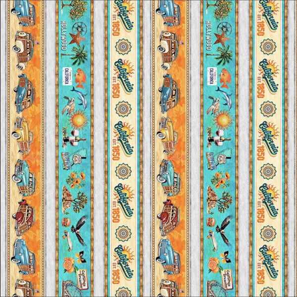 Image of the California Dreaming Border Stripe Multi quilting cotton fabric by QT Fabrics. Features stripes on a cream background. Cute Little Fabric Shop