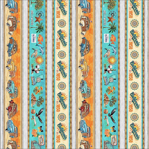 Image of the California Dreaming Border Stripe Multi quilting cotton fabric by QT Fabrics. Features stripes on a cream background. Cute Little Fabric Shop