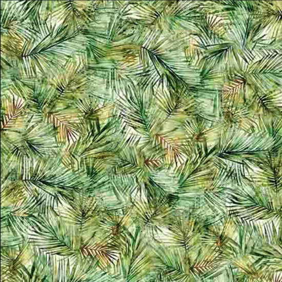 Image of the California Dreaming Palms Green quilting cotton fabric by QT Fabrics. Features palm trees on a green background. Cute Little Fabric Shop