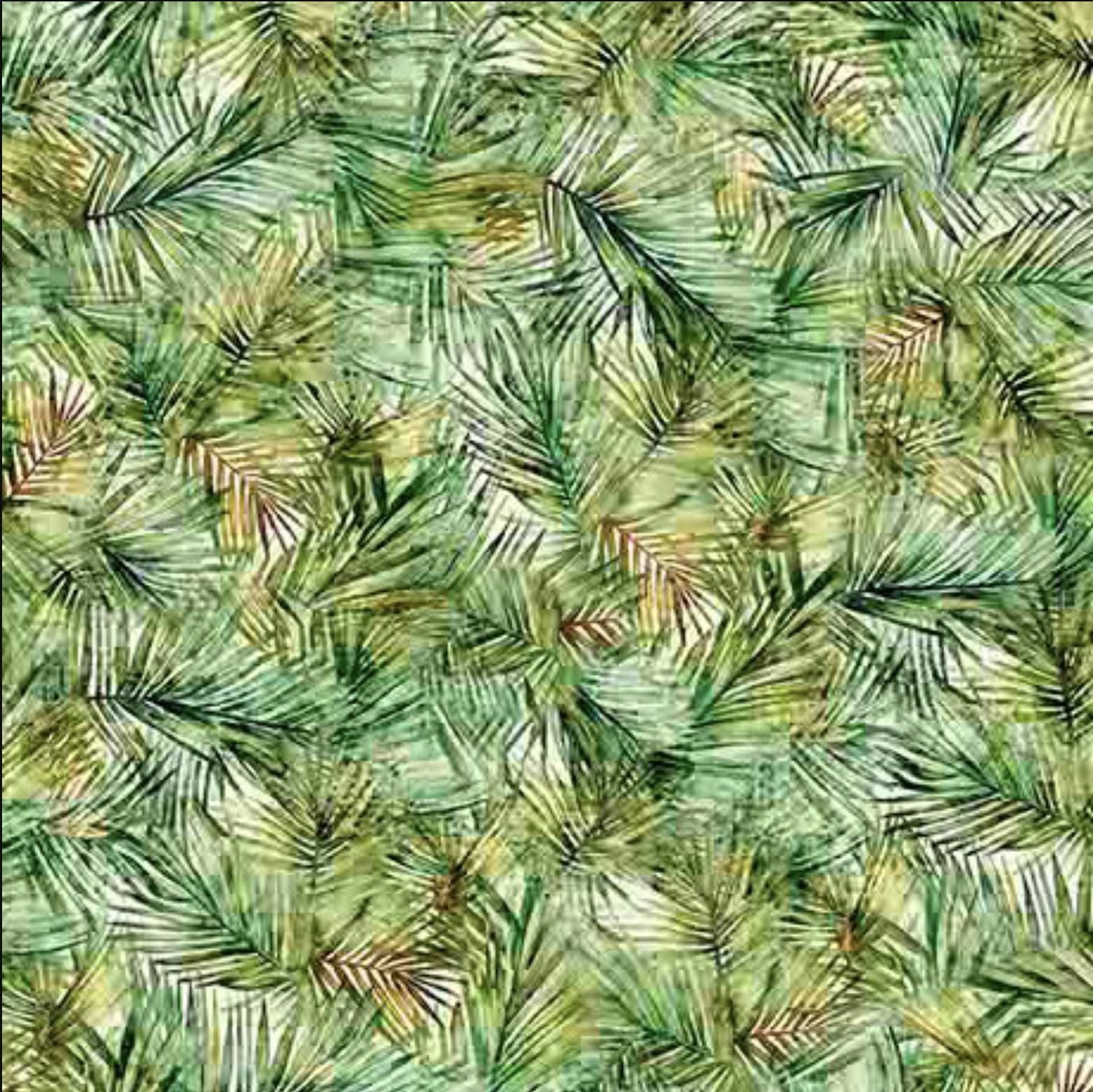 Image of the California Dreaming Palms Green quilting cotton fabric by QT Fabrics. Features palm trees on a green background. Cute Little Fabric Shop