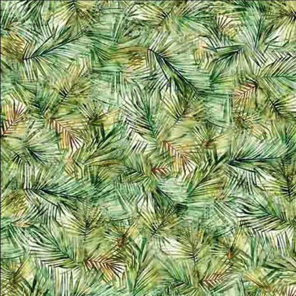 Image of the California Dreaming Palms Green quilting cotton fabric by QT Fabrics. Features palm trees on a green background. Cute Little Fabric Shop