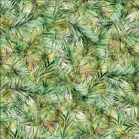 Image of the California Dreaming Palms Green quilting cotton fabric by QT Fabrics. Features palm trees on a green background. Cute Little Fabric Shop