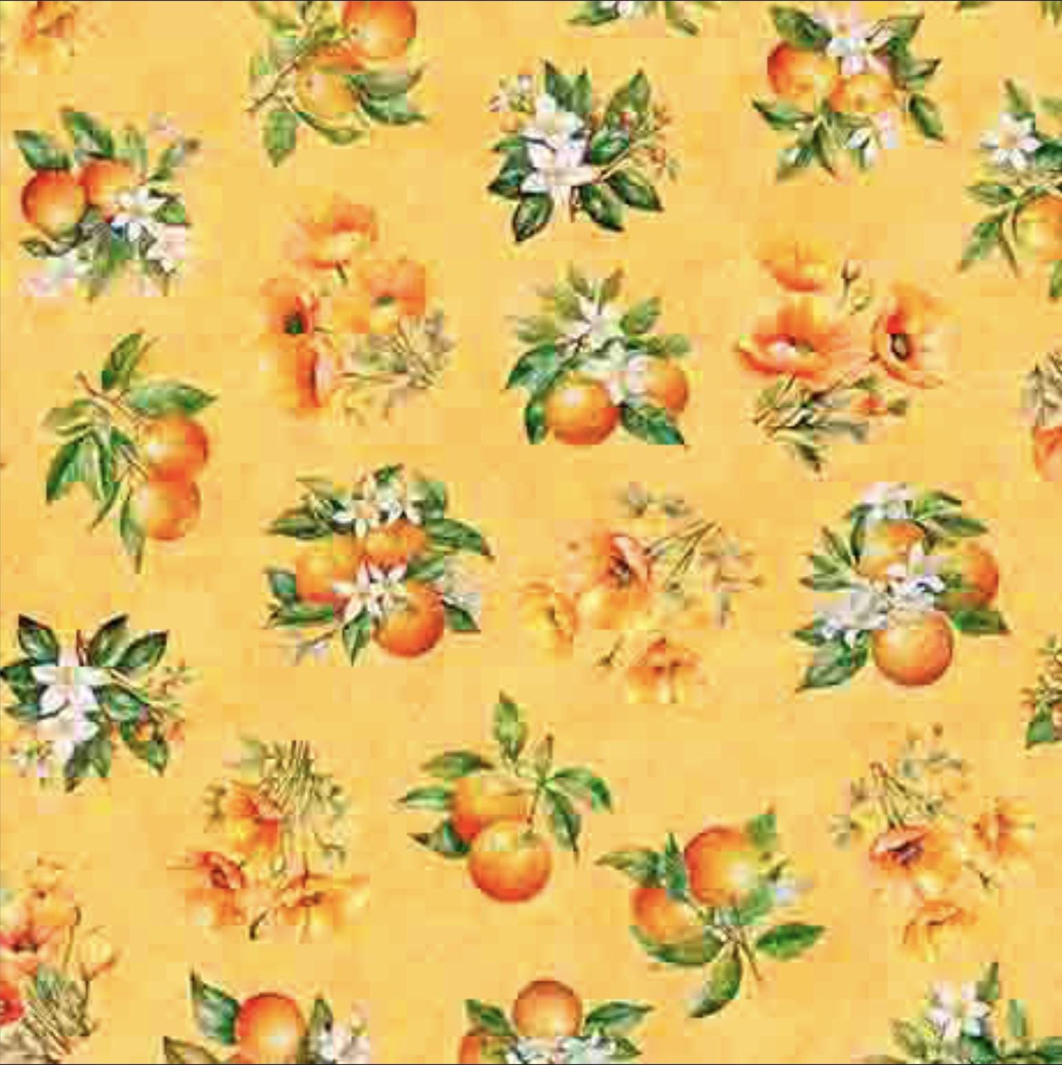 Image of the California Dreaming Orange Toss Papaya quilting cotton fabric by QT Fabrics. Features fruit on an orange background. Cute Little Fabric Shop