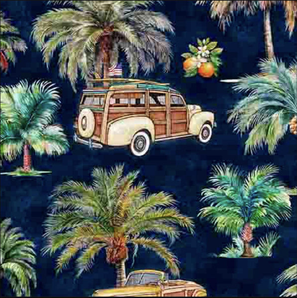 Image of the California Dreaming Palm Trees & Cars Midnight quilting cotton fabric by QT Fabrics. Features palm trees on a blue background. Cute Little Fabric Shop