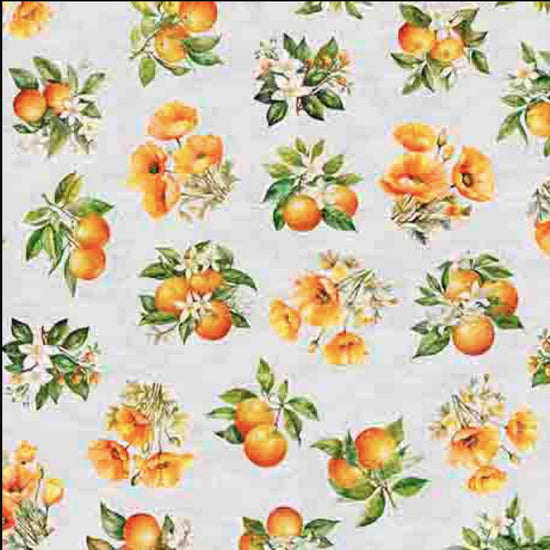 Image of the California Dreaming Orange Toss Gray quilting cotton fabric by QT Fabrics. Features fruit on a gray background. Cute Little Fabric Shop