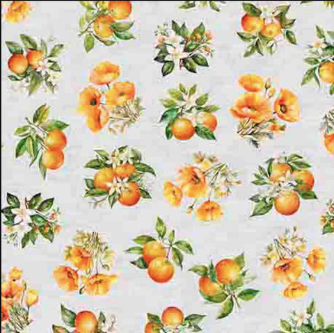 Image of the California Dreaming Orange Toss Gray quilting cotton fabric by QT Fabrics. Features fruit on a gray background. Cute Little Fabric Shop