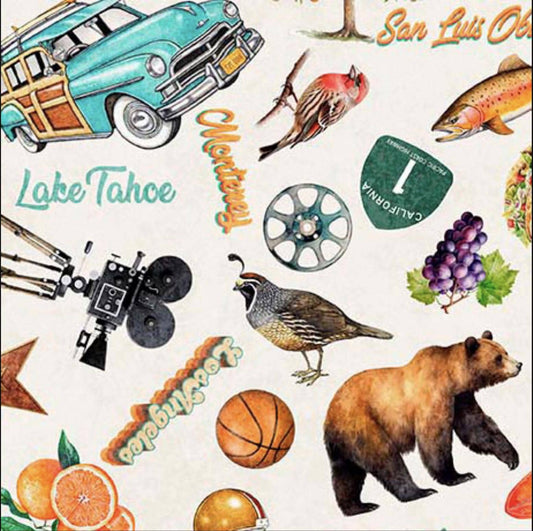 Image of the California Dreaming California Icons Ecru quilting cotton fabric by QT Fabrics. Features cars on a cream background. Cute Little Fabric Shop