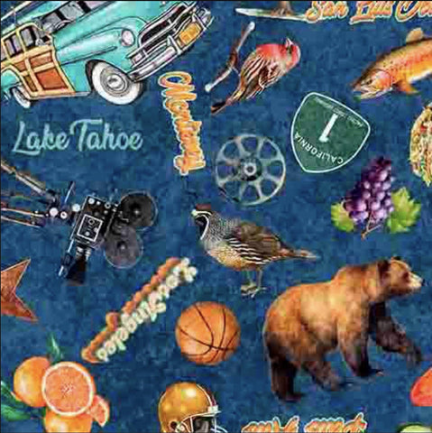 Image of the California Dreaming California Icons Navy quilting cotton fabric by QT Fabrics. Features cars on a blue background. Cute Little Fabric Shop