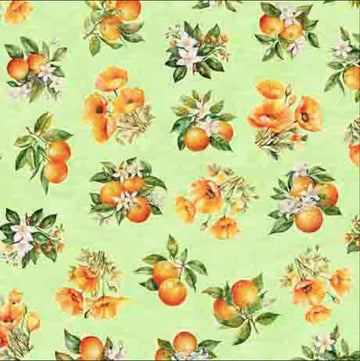 Image of the California Dreaming Orange Toss Light Lime quilting cotton fabric by QT Fabrics. Features fruit on a green background. Cute Little Fabric Shop