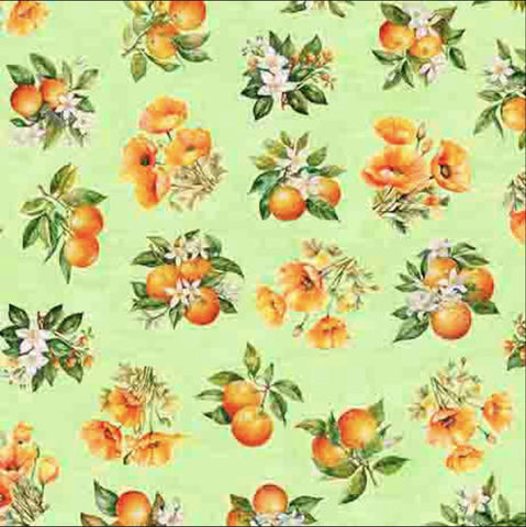 Image of the California Dreaming Orange Toss Light Lime quilting cotton fabric by QT Fabrics. Features fruit on a green background. Cute Little Fabric Shop