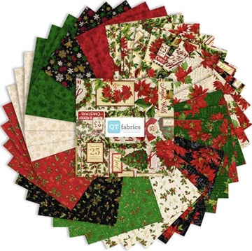 Poinsettia Greetings Layer Cake 10" Stacker Bundle - QT Fabrics- Christmas Holiday Trees - 42-Piece Precut  - Quilting Cotton Fabric