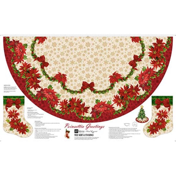 Poinsettia Greetings Tree Skirt 60" Wide Panel 31081 Multi X - by QT Fabrics - Christmas Holiday Season  Flowers - Quilting Cotton Fabric