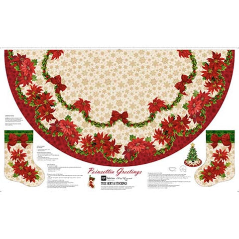 Poinsettia Greetings Tree Skirt 60" Wide Panel 31081 Multi X - by QT Fabrics - Christmas Holiday Season  Flowers - Quilting Cotton Fabric
