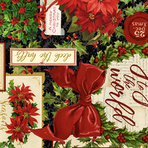 Image of the Poinsettia Greetings Poinsettia Greetings Collage Black quilting cotton fabric by QT Fabrics. Features flowers on a red background. Cute Little Fabric Shop