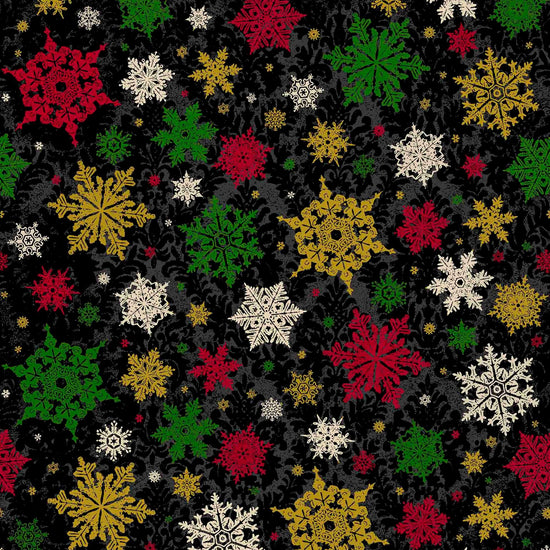 Image of the Poinsettia Greetings Poinsettia Tonal Black quilting cotton fabric by QT Fabrics. Features snowflakes on a black background. Cute Little Fabric Shop