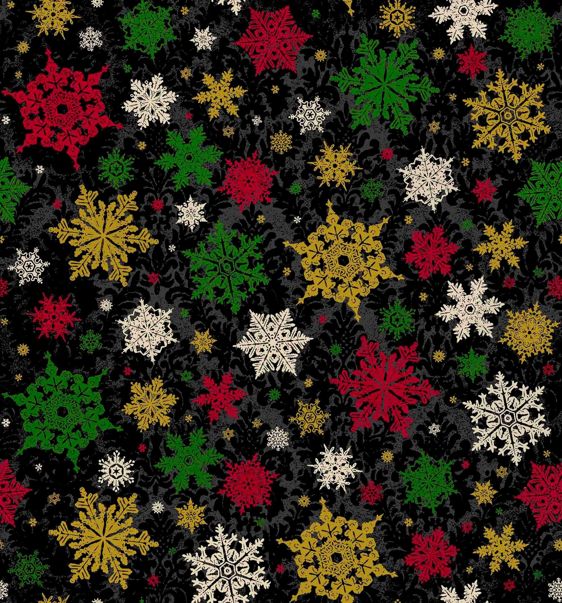 Image of the Poinsettia Greetings Poinsettia Tonal Black quilting cotton fabric by QT Fabrics. Features snowflakes on a black background. Cute Little Fabric Shop