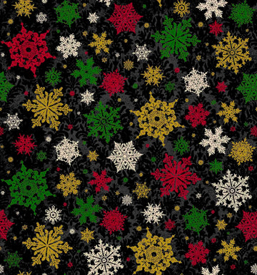 Image of the Poinsettia Greetings Poinsettia Tonal Black quilting cotton fabric by QT Fabrics. Features snowflakes on a black background. Cute Little Fabric Shop