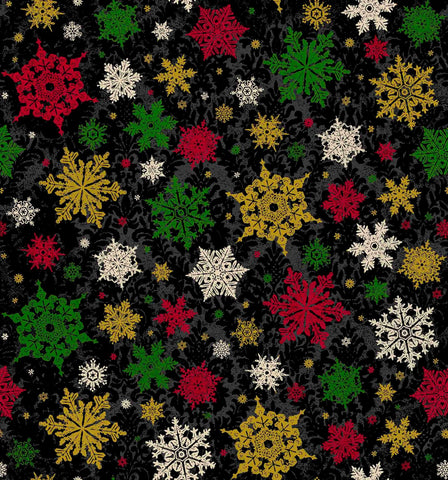 Image of the Poinsettia Greetings Poinsettia Tonal Black quilting cotton fabric by QT Fabrics. Features snowflakes on a black background. Cute Little Fabric Shop