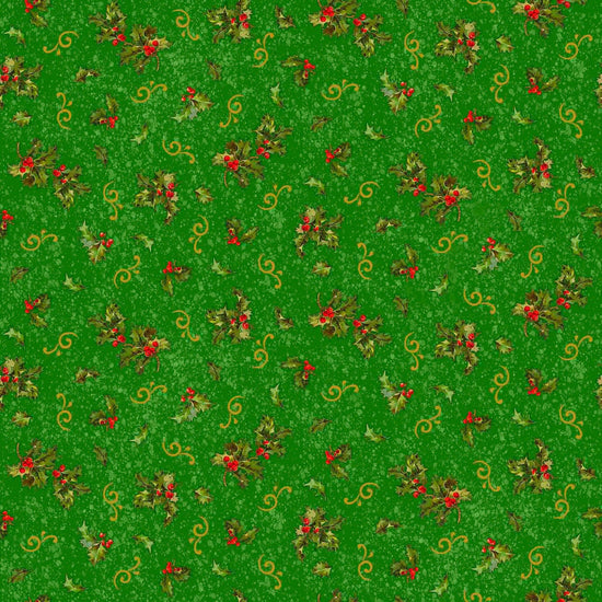 Image of the Poinsettia Greetings Holly & Scroll Green quilting cotton fabric by QT Fabrics. Features flowers on a green background. Cute Little Fabric Shop