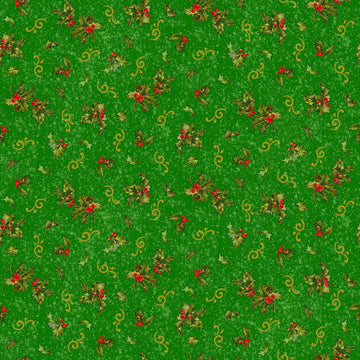 Image of the Poinsettia Greetings Holly & Scroll Green quilting cotton fabric by QT Fabrics. Features flowers on a green background. Cute Little Fabric Shop
