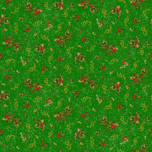 Image of the Poinsettia Greetings Holly & Scroll Green quilting cotton fabric by QT Fabrics. Features flowers on a green background. Cute Little Fabric Shop