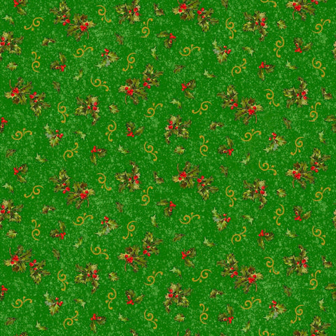 Image of the Poinsettia Greetings Holly & Scroll Green quilting cotton fabric by QT Fabrics. Features flowers on a green background. Cute Little Fabric Shop