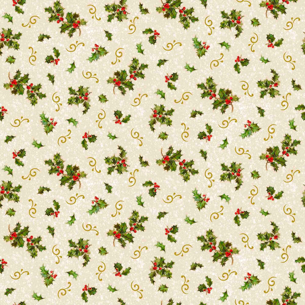 Image of the Poinsettia Greetings Holly & Scroll Cream quilting cotton fabric by QT Fabrics. Features flowers on a cream background. Cute Little Fabric Shop