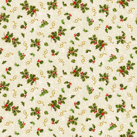 Image of the Poinsettia Greetings Holly & Scroll Cream quilting cotton fabric by QT Fabrics. Features flowers on a cream background. Cute Little Fabric Shop