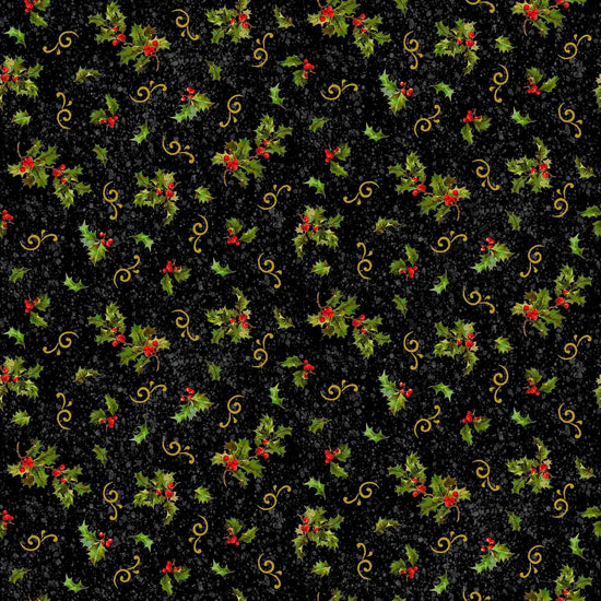Image of the Poinsettia Greetings Holly & Scroll Black quilting cotton fabric by QT Fabrics. Features flowers on a black background. Cute Little Fabric Shop