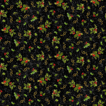 Image of the Poinsettia Greetings Holly & Scroll Black quilting cotton fabric by QT Fabrics. Features flowers on a black background. Cute Little Fabric Shop
