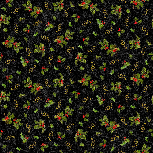 Image of the Poinsettia Greetings Holly & Scroll Black quilting cotton fabric by QT Fabrics. Features flowers on a black background. Cute Little Fabric Shop