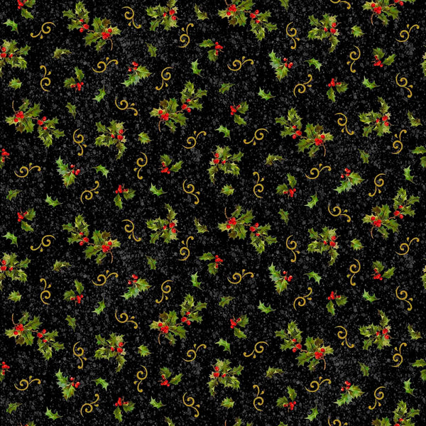 Image of the Poinsettia Greetings Holly & Scroll Black quilting cotton fabric by QT Fabrics. Features flowers on a black background. Cute Little Fabric Shop