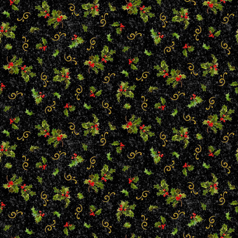 Image of the Poinsettia Greetings Holly & Scroll Black quilting cotton fabric by QT Fabrics. Features flowers on a black background. Cute Little Fabric Shop